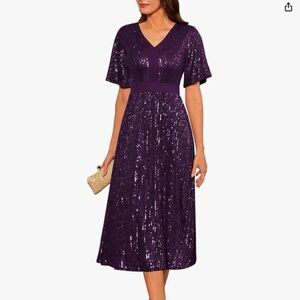 GRACE KARIN purple Sequin V Neck Ruffle Sleeve Empire Waist Sparkly Dress sz L